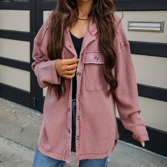 NWT Very J Mauve Thermal Waffle Knit Button Down Shacket Jacket Hoodie Hoody - Picture 4 of 11